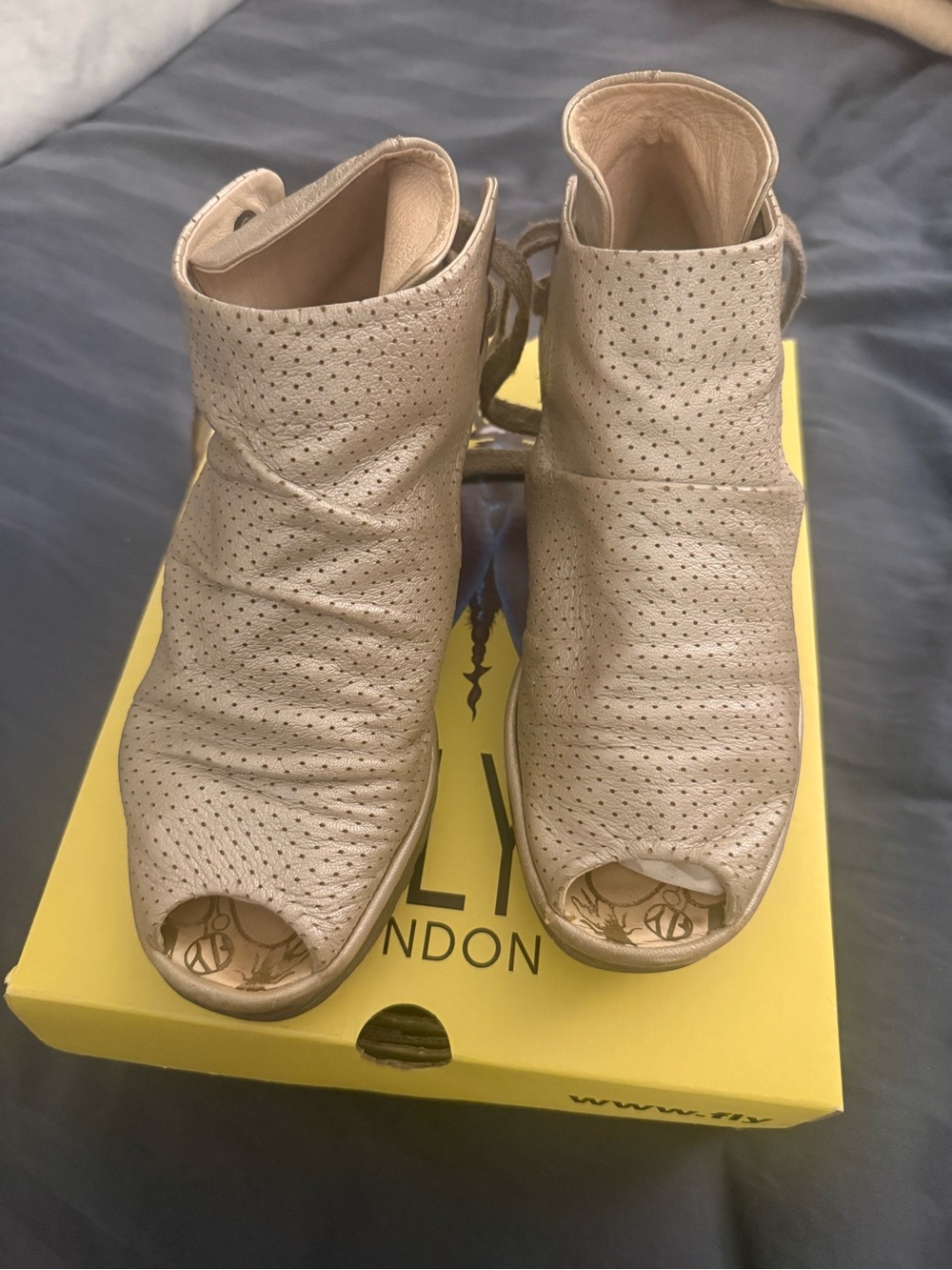 Fly London Women’s Open-Toe Perforated Leather Booties in Light Beige, Size 37